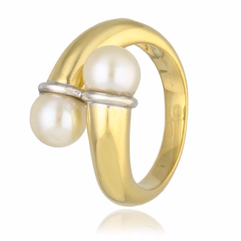 RING YELLOW GOLD 18KT WHITE GOLD PEARLS 6.8mm CAD SIZE 13 / 53
