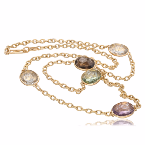 NECKLACE POMELLATO ARABESQUE YELLOW GOLD 18KT CRYSTAL ROCK / SMOKED QUARTZ / AMETHYST / PARASIOLITE - WEIGHT 42.44GR