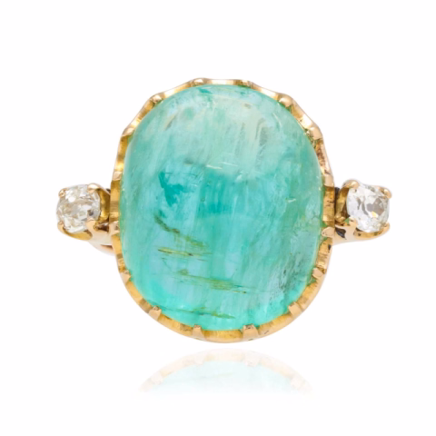RING YELLOW GOLD 18KT EMERALD CABOCHON 30ct / DIAMONDS OLD CUT 0.50ct SIZE 17 / 57 11.2GR