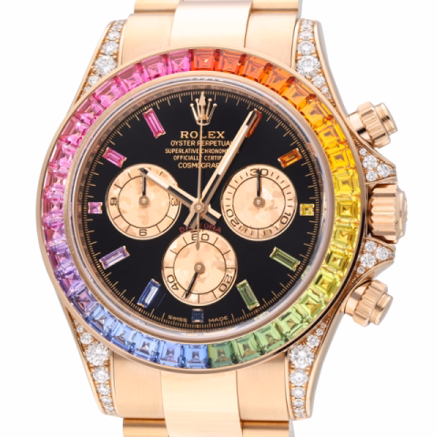 DAYTONA RAINBOW 116595RBOX  ROSE GOLD BEZEL WITH 36 BAGUETTE-CUT SAPPHIRES DIAL WITH 11 BAGUETTE-CUT SAPPHIRES CASE SET WITH 56 BRILLANT-CUT DIAMONDS 40 NEW FULL SET YEAR 2020